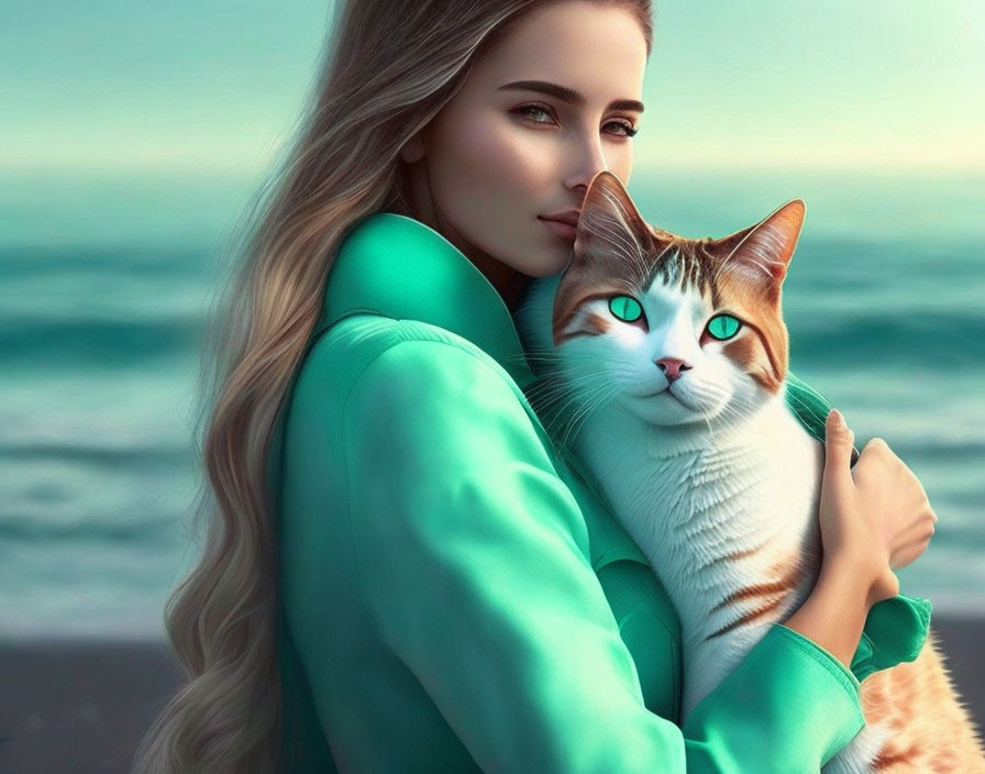 Woman with green eyes holding cat in teal jacket by seascape