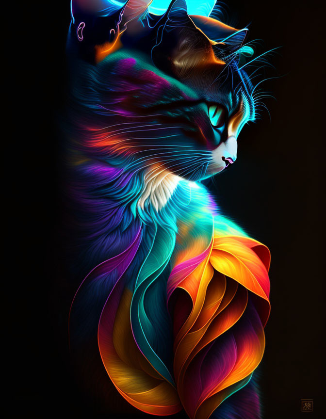 Colorful Cat Artwork with Vibrant Flowing Mane on Dark Background