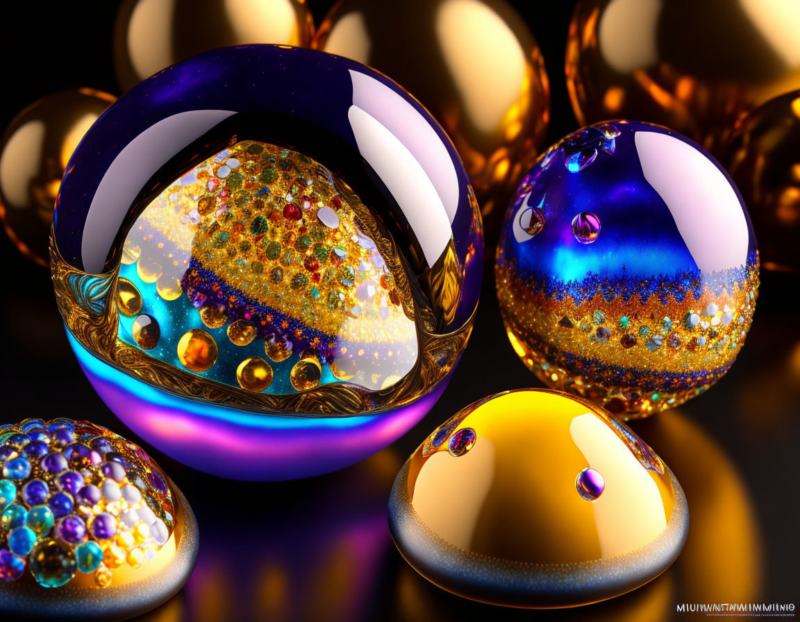 Intricate digital art: glossy spheres with ornate patterns on dark backdrop