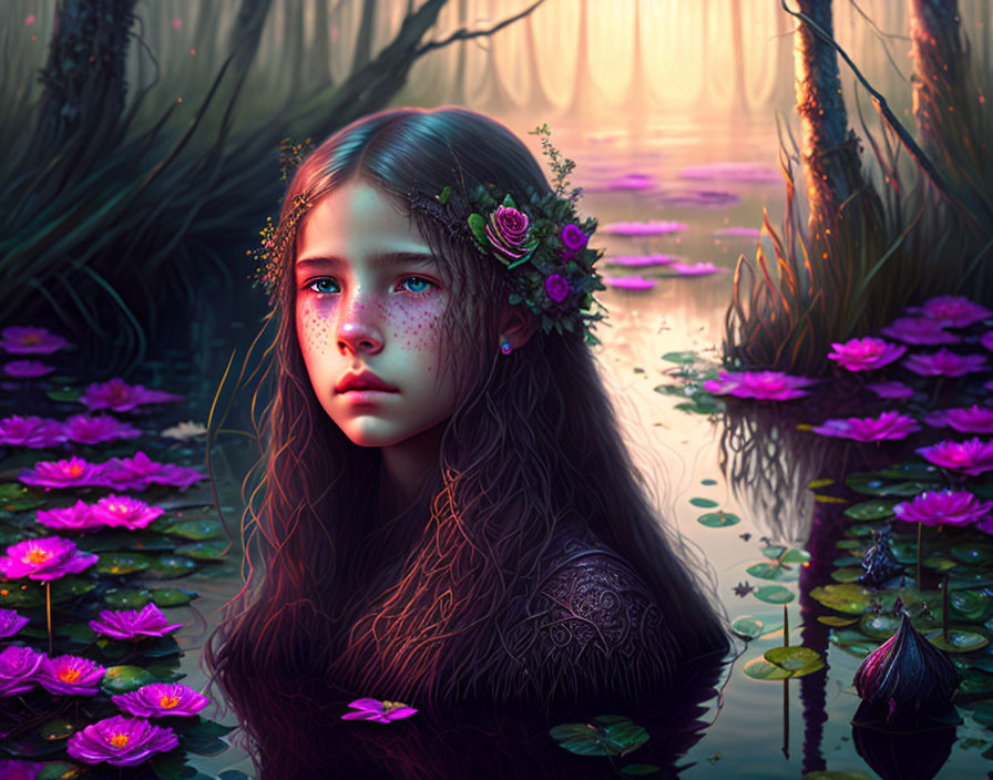 Digital artwork: Girl with floral crown in mystical forest with water lilies