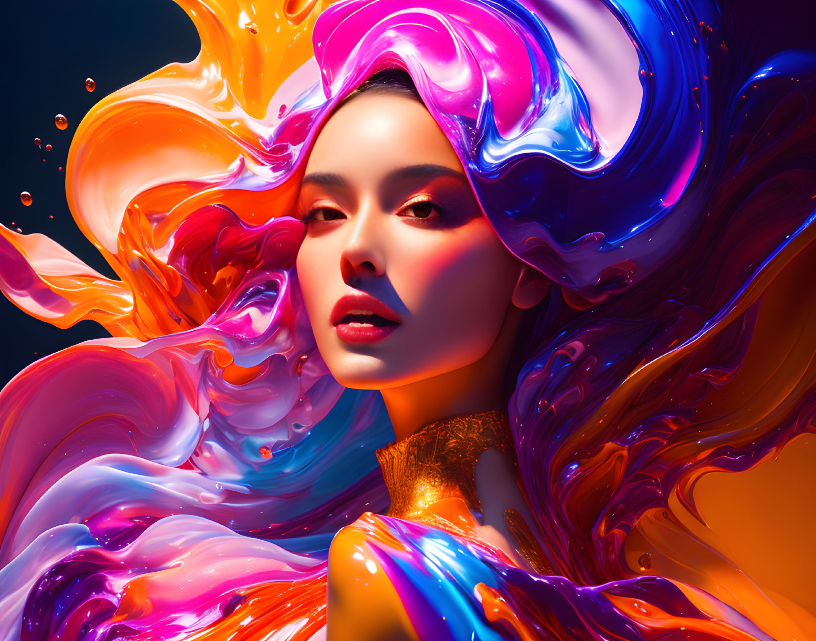 Colorful Swirling Liquid Surrounds Woman in Portrait