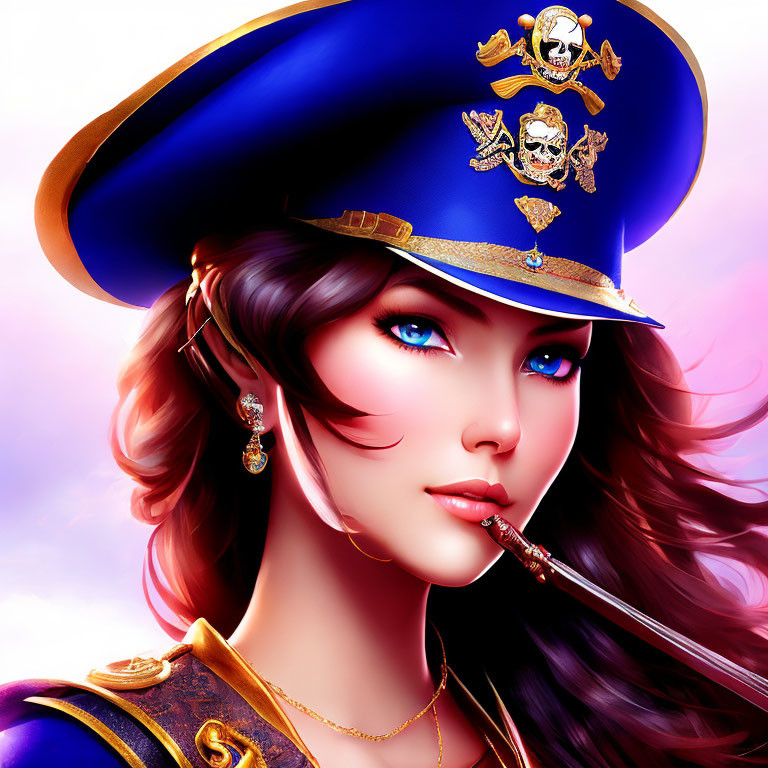 Woman with Blue Eyes and Pirate Hat Holding Sword Illustration