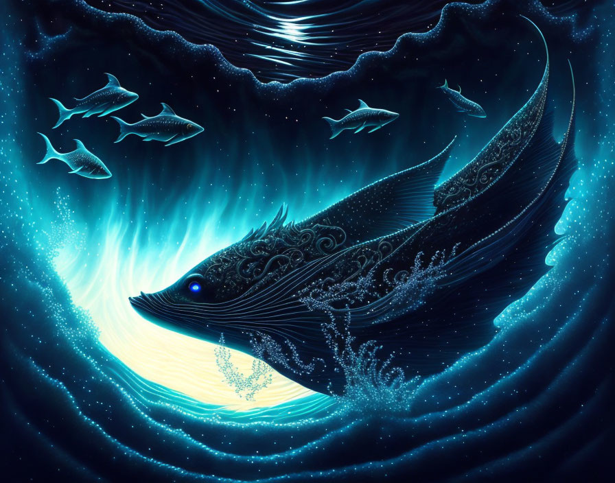 Ornate whale swimming with fish in mystical underwater scene