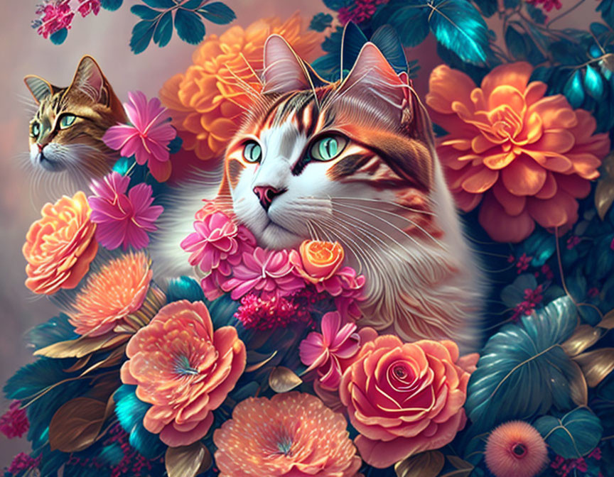 Vibrant Cat Illustration Among Colorful Flowers