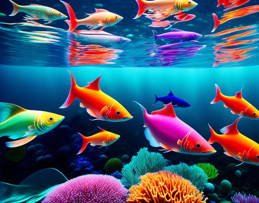 Colorful Fish Swimming in Vibrant Underwater Coral Reef