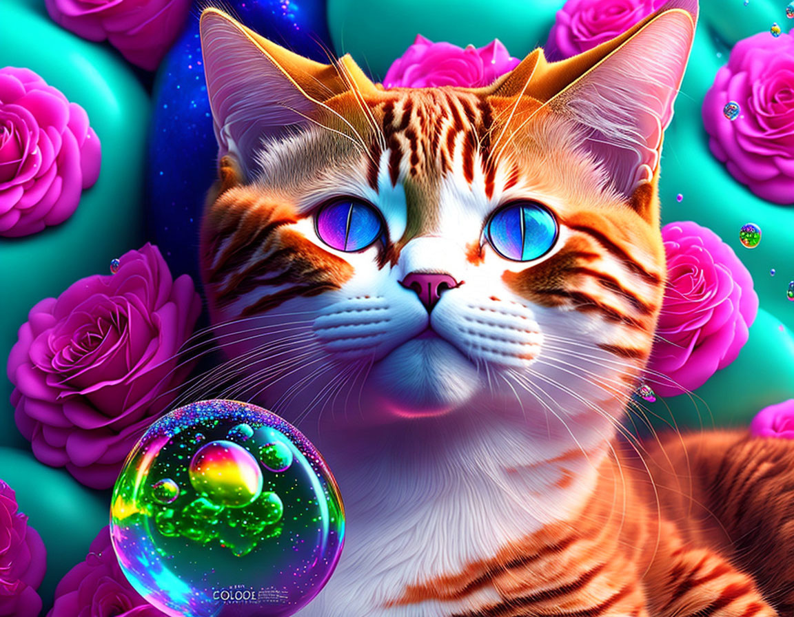 Colorful digital artwork: Orange tabby cat with galaxy eyes, pink roses, and vibrant bubble