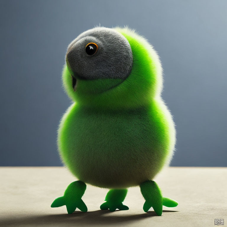 Fluffy Green Creature with Large Eyes on Grey Background