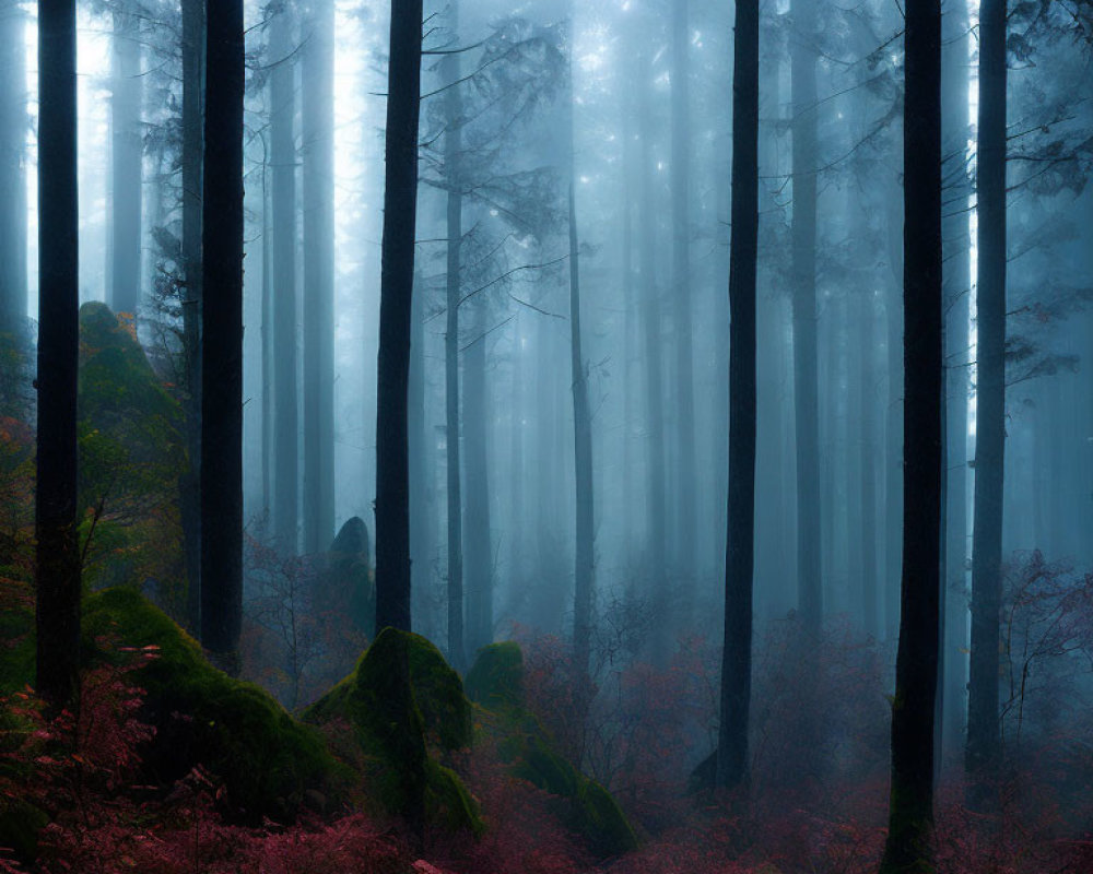 Mystical forest scene with tall fog-covered trees and red foliage carpet