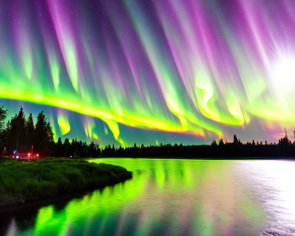 Colorful Aurora Borealis Over Lake with Treeline Silhouette