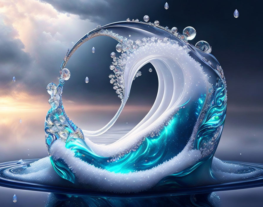 Surreal digital artwork: Wave with suspended droplets against dramatic sky