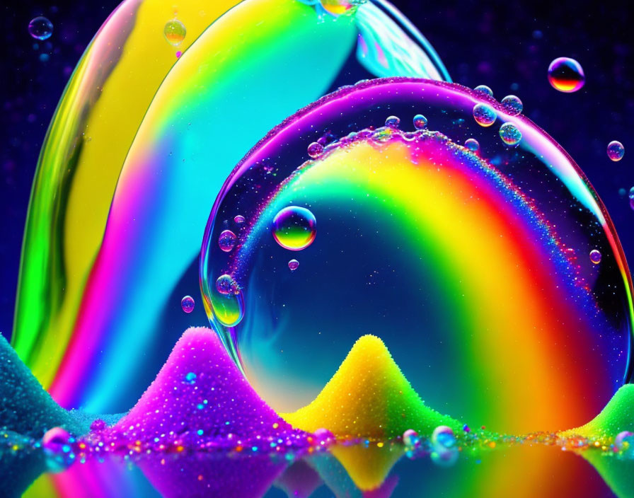 Colorful macro image of iridescent soap bubbles on textured surface