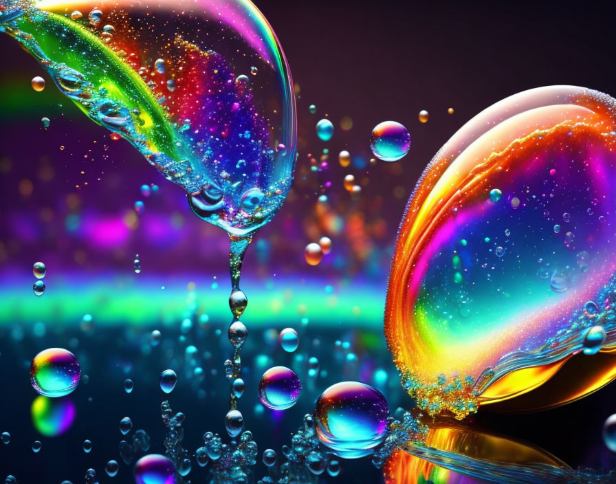 Colorful iridescent bubbles and droplets on vibrant bokeh background