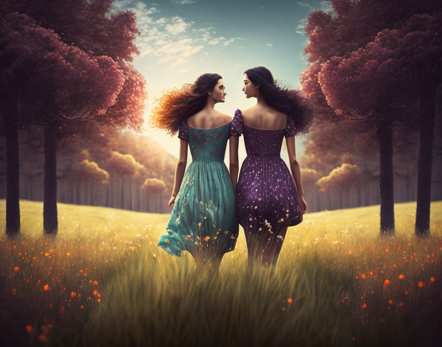 Two women in elegant dresses in dreamy field with red flowers and mystically lit trees.