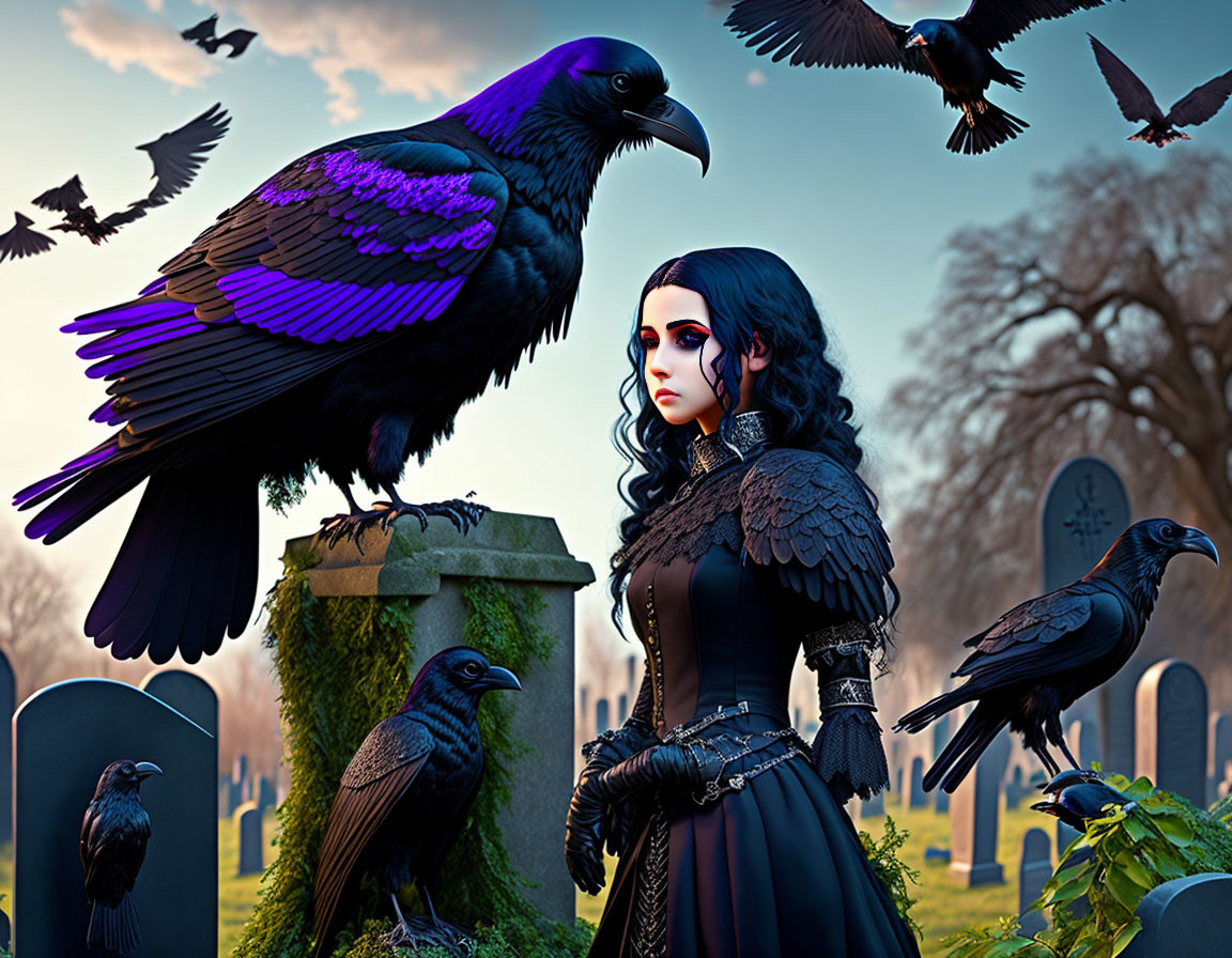 Gothic woman in dark attire at cemetery with ravens under dusky sky