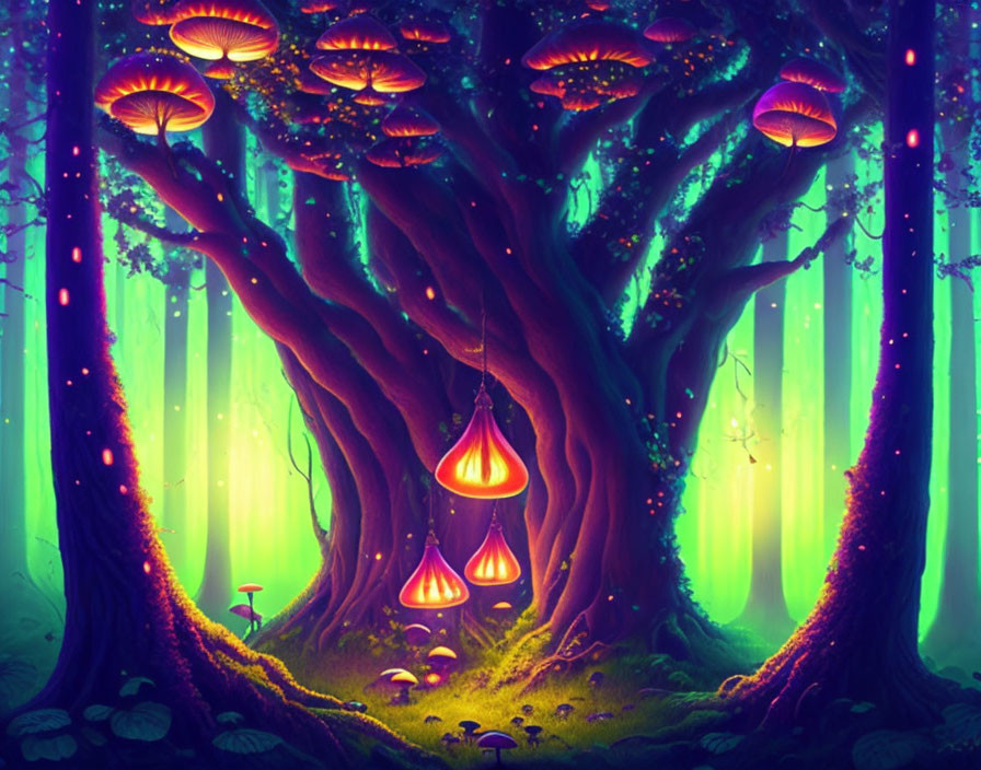 Enchanted forest with ancient tree, glowing mushrooms, and ethereal plants