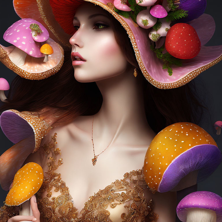 Woman in Elaborate Mushroom and Strawberry Hat with Lace Dress