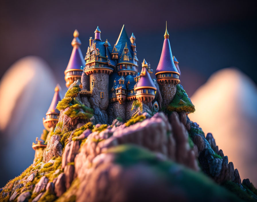 Colorful spired castle on craggy hill in warm light with mystical background