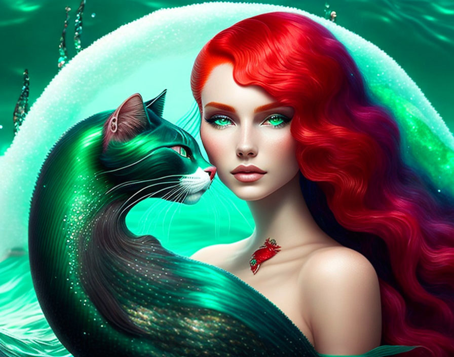 Red-haired woman and black cat on green background gaze at viewer