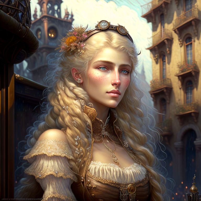 Serene Woman in Richly Designed Historical Outfit