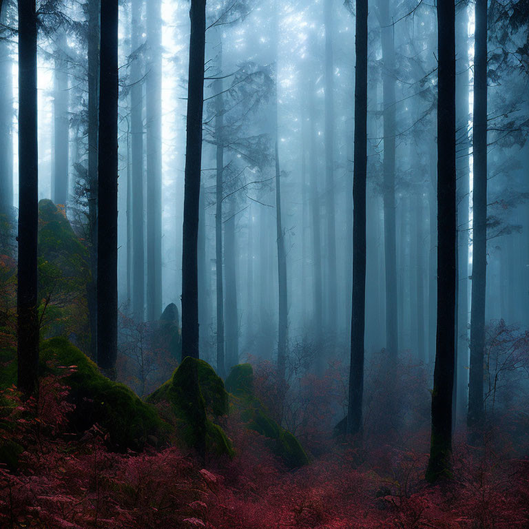 Mystical forest scene with tall fog-covered trees and red foliage carpet