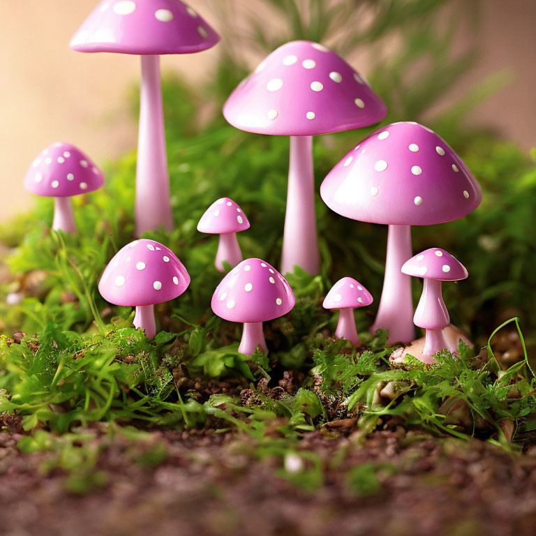 Pink Polka-Dotted Mushrooms in Lush Green Moss