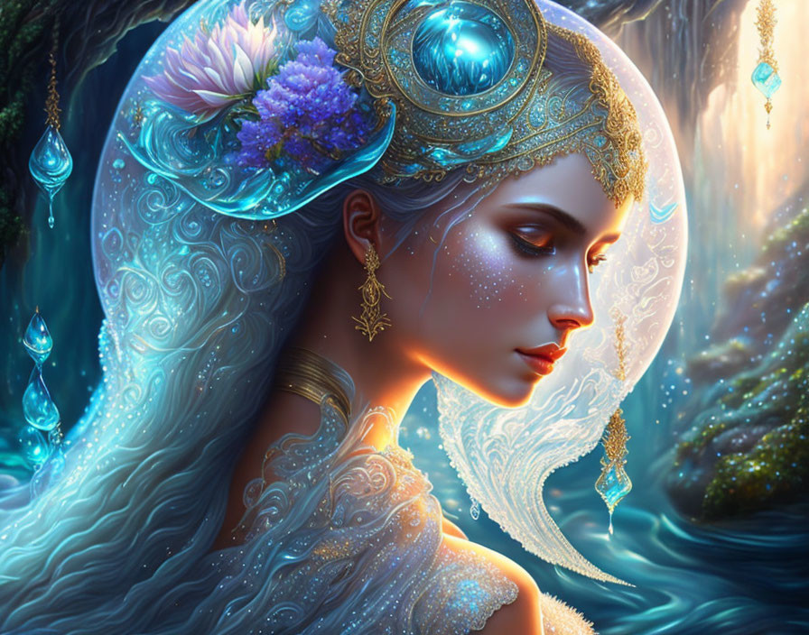 Fantasy illustration: Woman with ornate headdress and glowing jewels in mystical setting