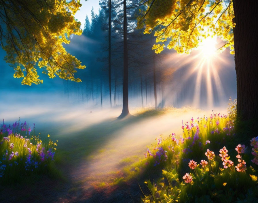 Sunbeam illuminates misty forest with wildflowers and trees