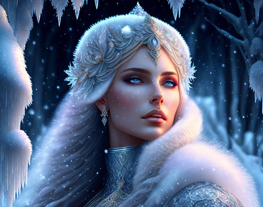 Winter Queen Digital Artwork with Blue Eyes in Enchanted Forest