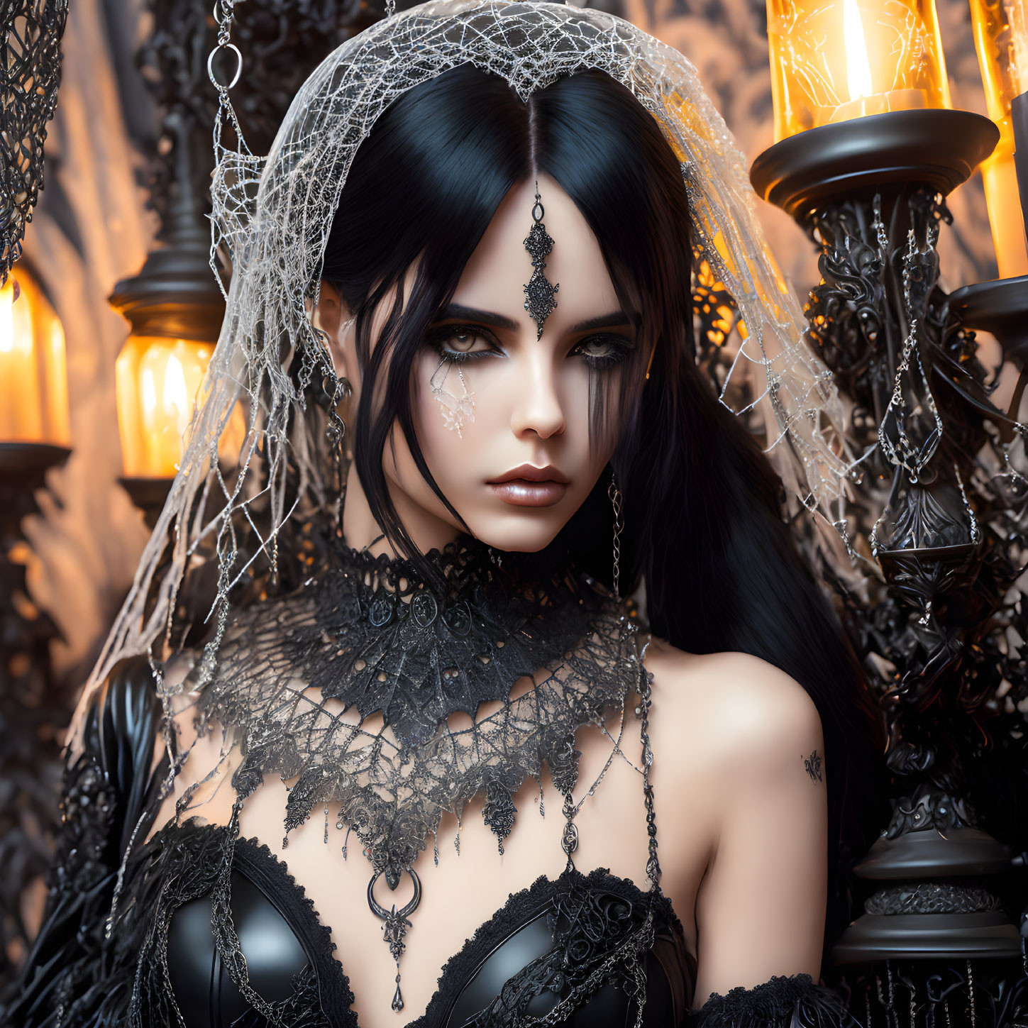 Mysterious woman with blue eyes in black lace and jewelry with candle holders