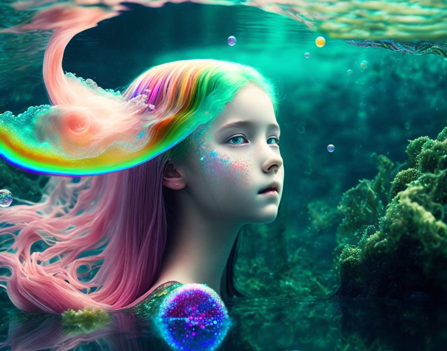 Rainbow-haired girl underwater with coral, bubbles, and glowing orb in serene scene