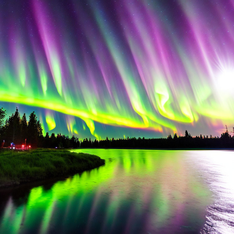 Colorful Aurora Borealis Over Lake with Treeline Silhouette