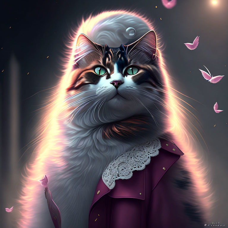 Regal purple-coated cat with glossy fur and mystical aura.