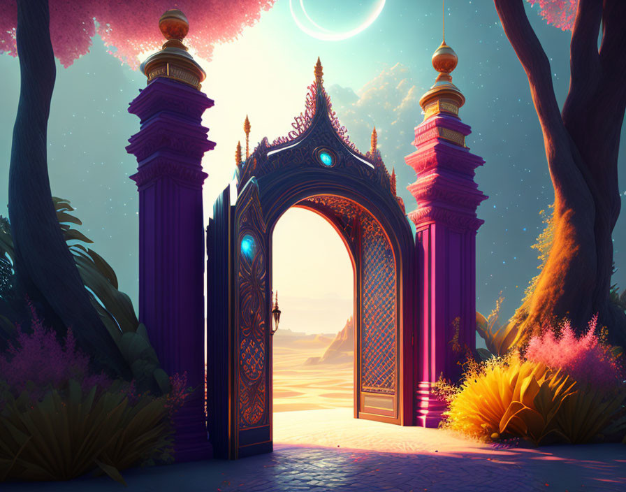 Intricate Blue and Gold Fantasy Gate Leading to Vivid Moonlit Landscape