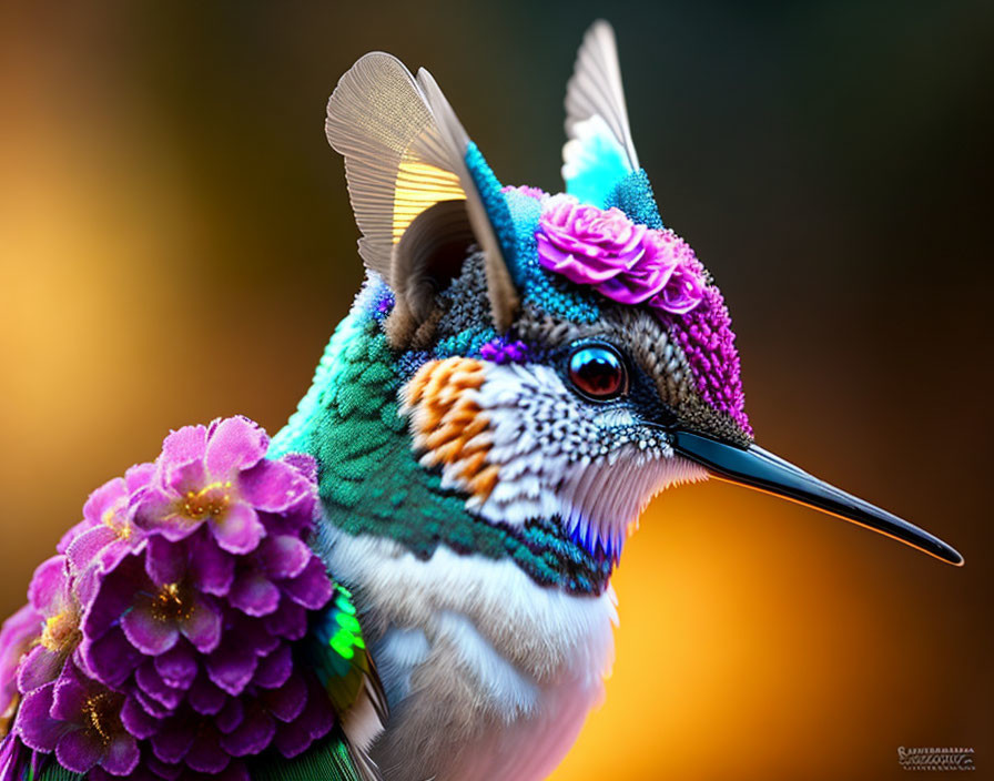 Colorful Hummingbird with Floral Headdress and Purple Flower on Back