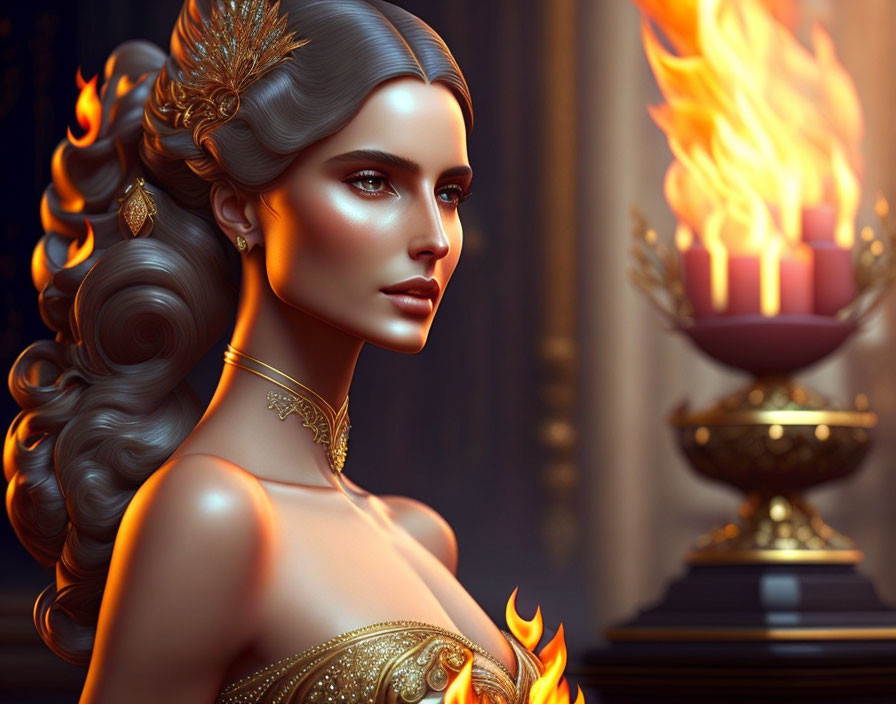 Illustrated woman with elegant hair and golden jewelry by fiery torch in luxurious setting