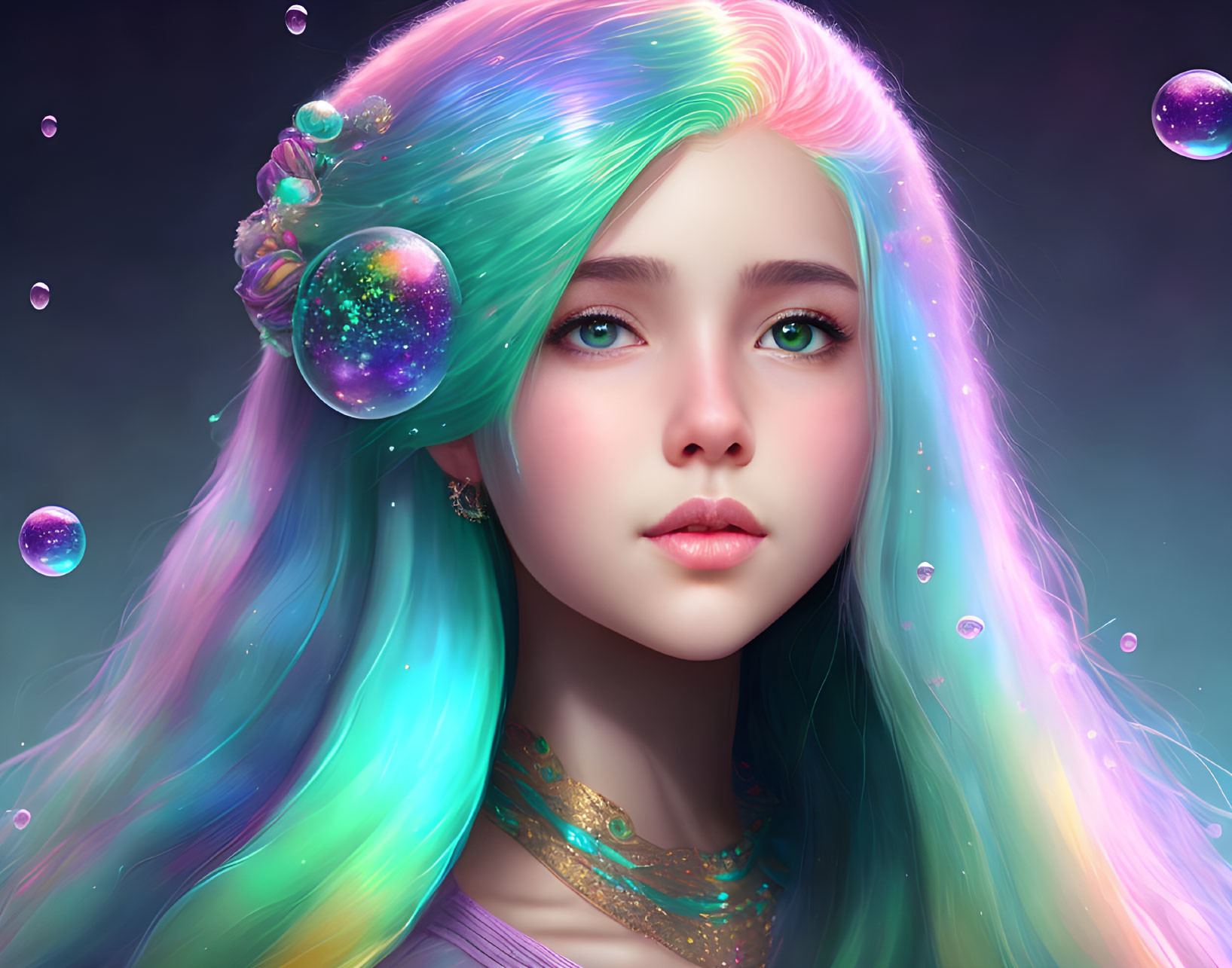 Digital portrait of girl with pastel rainbow hair in cosmic bubble-filled scene.