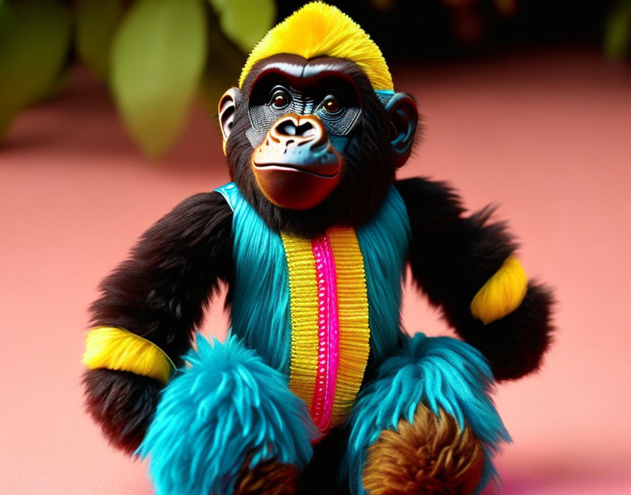 Colorful Toy Monkey with Blue and Black Fur in Yellow Face Mask on Pink Background