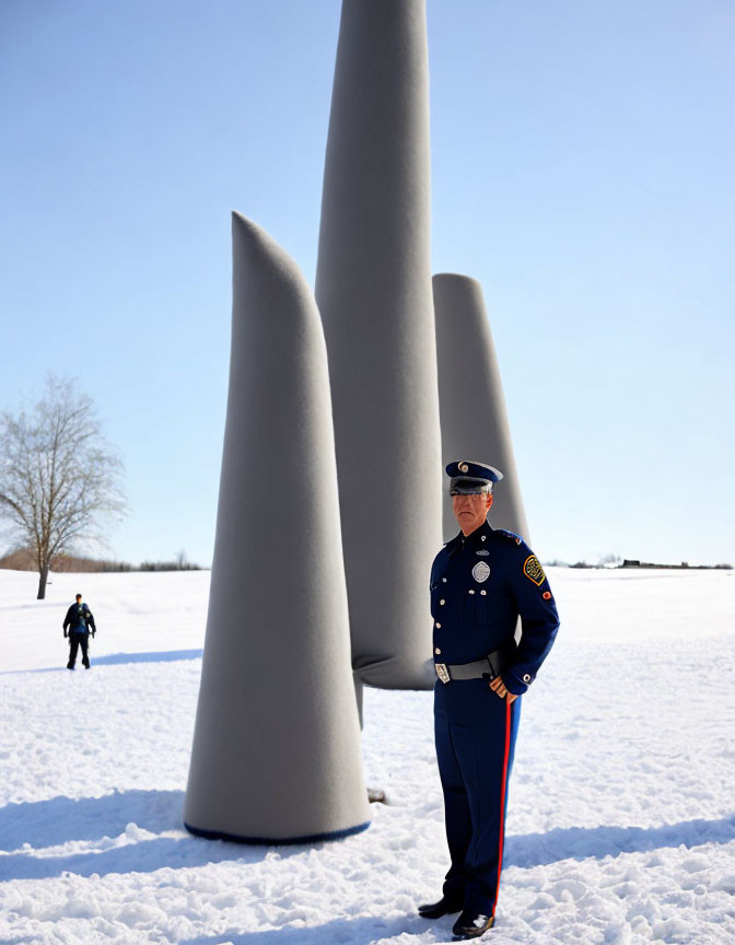 Uniformed officer posing in snow by abstract sculpture under clear sky