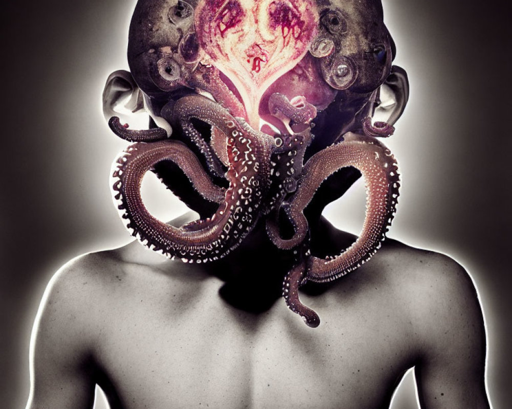 Octopus-Headed Human Figure with Tentacles on Muted Background