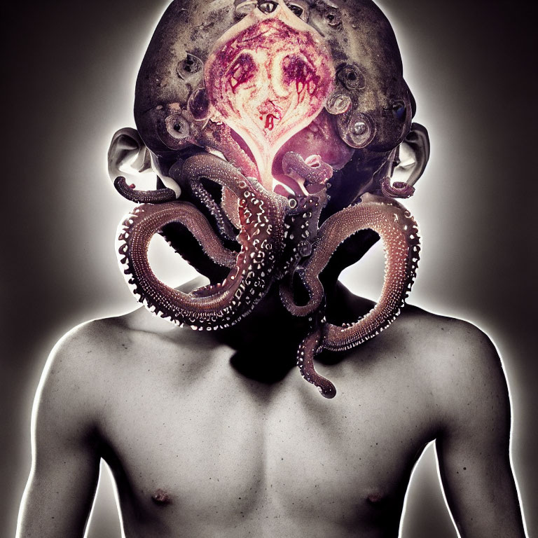 Octopus-Headed Human Figure with Tentacles on Muted Background