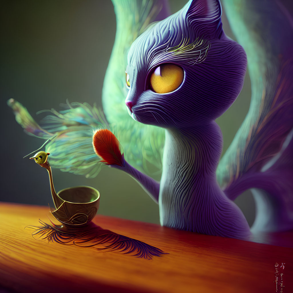 Purple Cat and Bird Illustration with Feather and Bowl