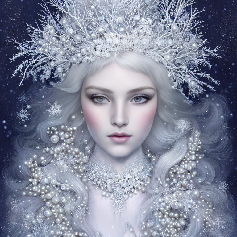 Fantasy ice queen portrait with silver hair and snowflake crown