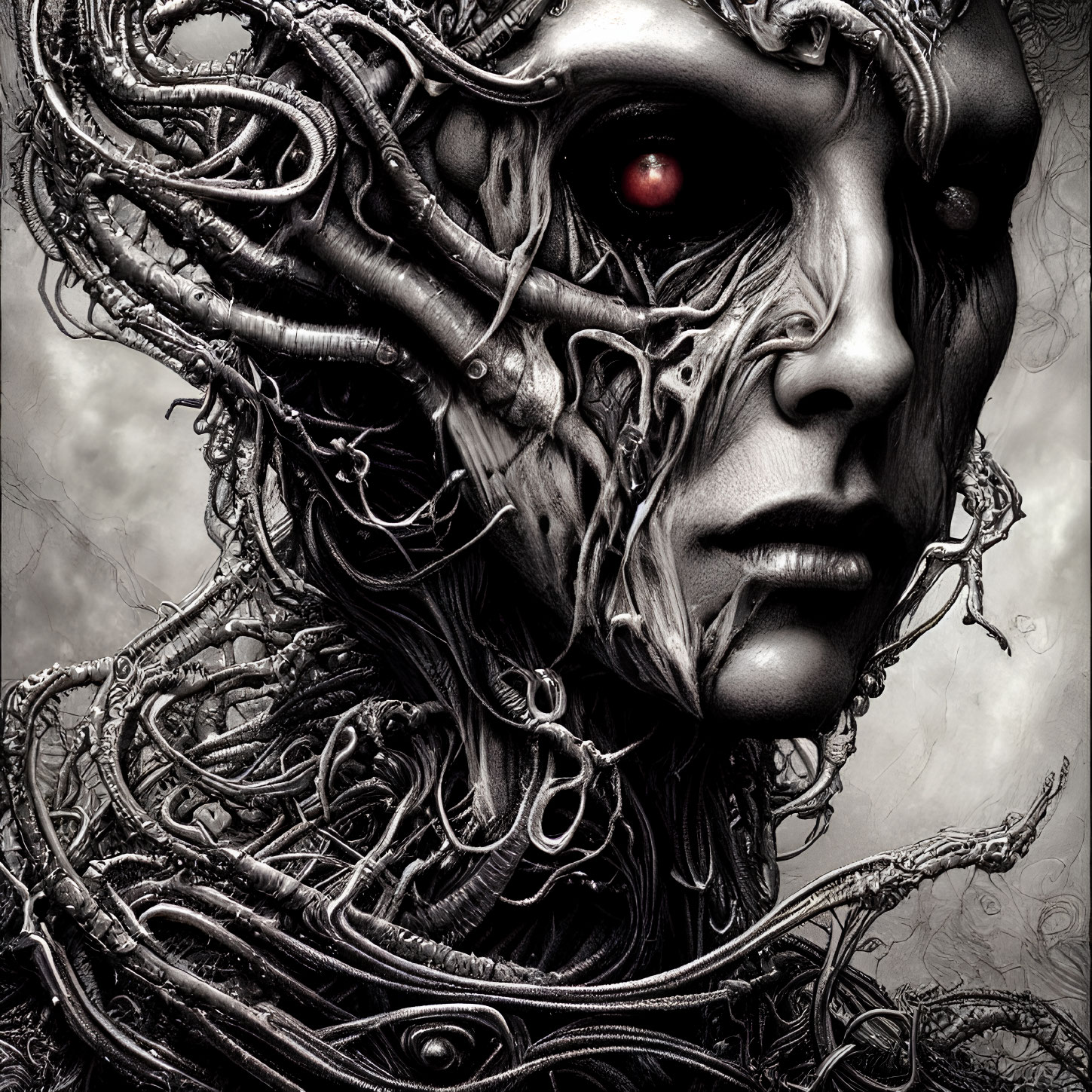 Detailed monochrome humanoid figure with glowing red eye and vein-like textures