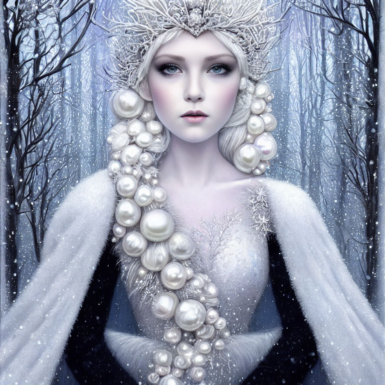 Woman in Snow Queen attire in winter forest with pearl headpiece