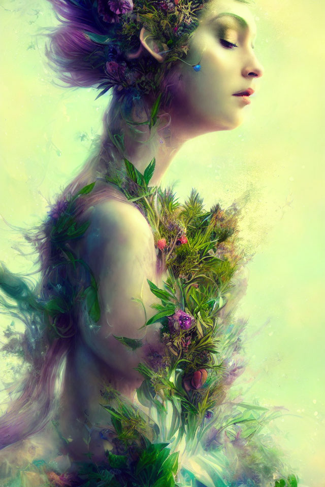 Ethereal artwork: Woman with flowers and foliage merging into her body