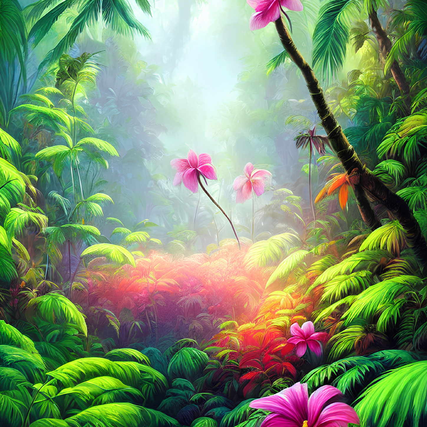 Vibrant pink flowers in lush tropical forest