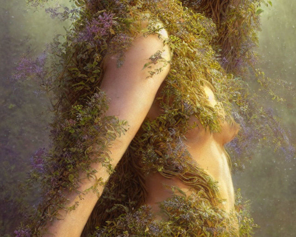 Woman adorned with green foliage and purple flowers in misty forest setting