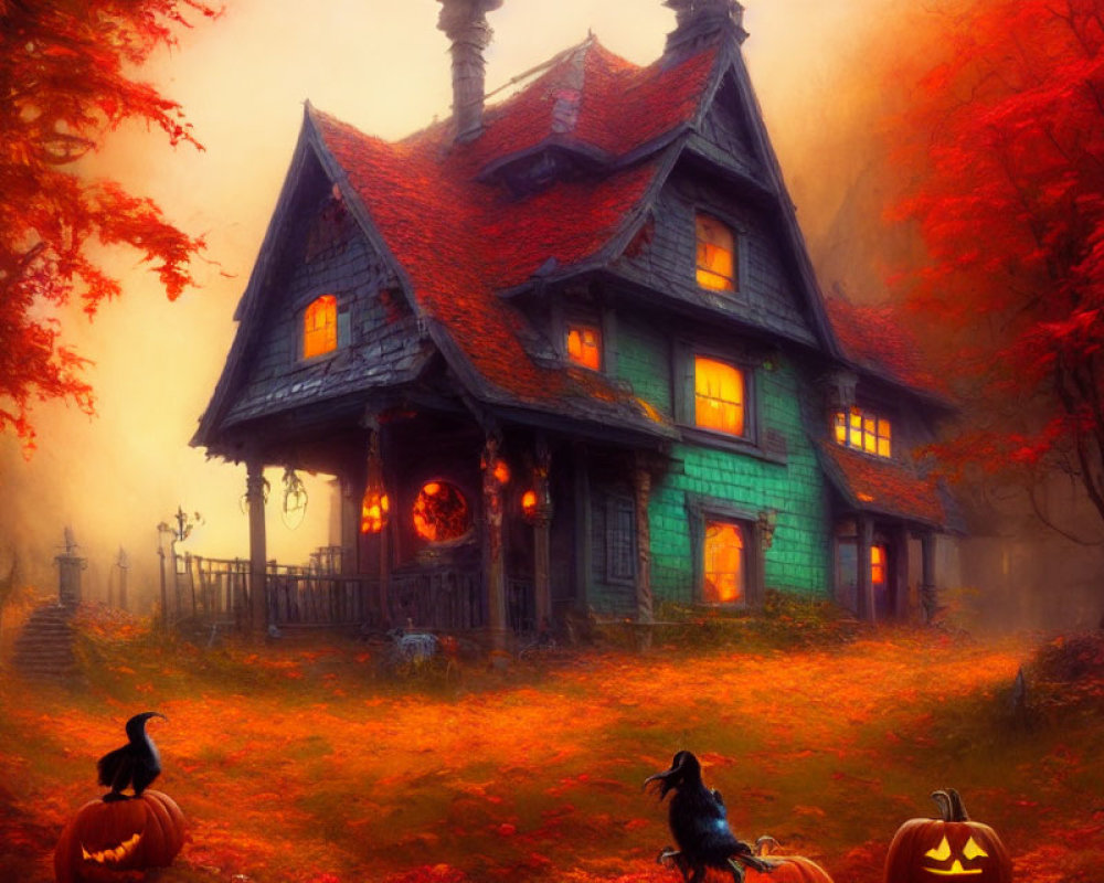 Victorian house with Halloween decorations in autumn setting