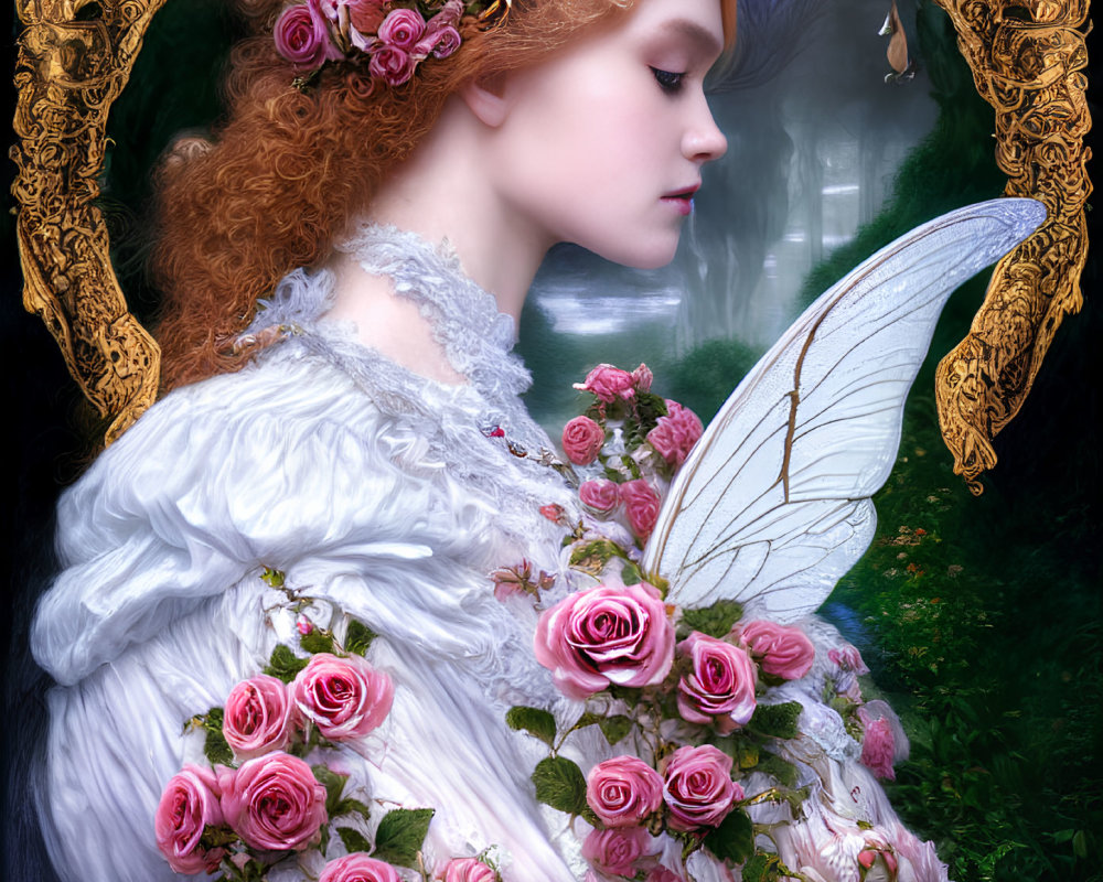 Fantasy-themed woman with intricate wings in white dress surrounded by golden border in mystical forest.