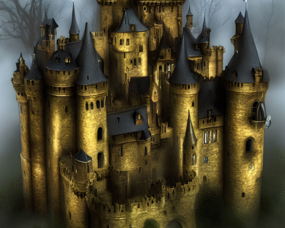 Detailed Fantasy Castle with Multiple Towers and Turrets in Misty Atmosphere